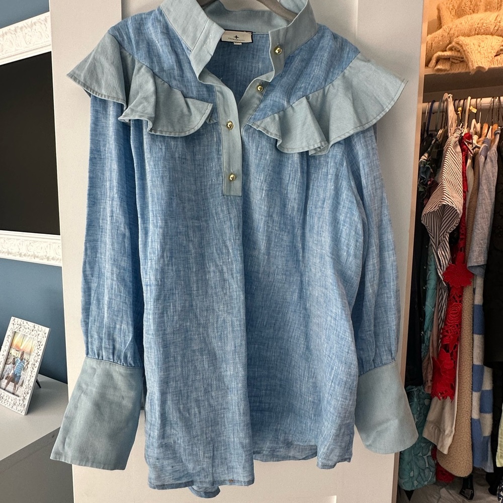 Tuckernuck Light Blue Ruffle Collar Blouse